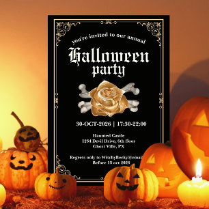 Invitación Fiesta de Halloween Rosa Dorada Negra Elegante Vin