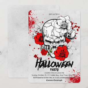 Invitación Fiesta de Halloween Rosa Roja Calavera Boceto Góti