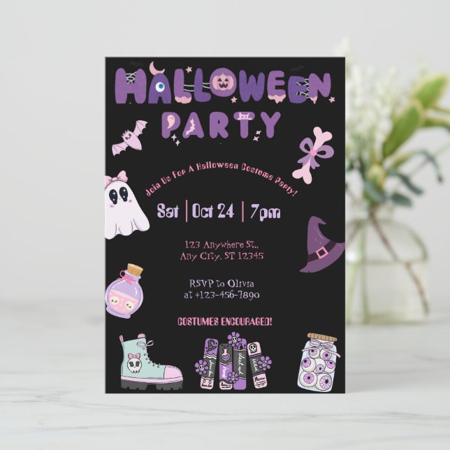 Invitación Fiesta de Halloween rosa y morado, fantasma y fant (Anverso de pie)