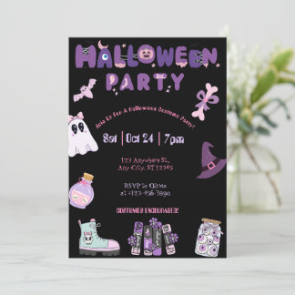 Invitación Fiesta de Halloween rosa y morado, fantasma y fant