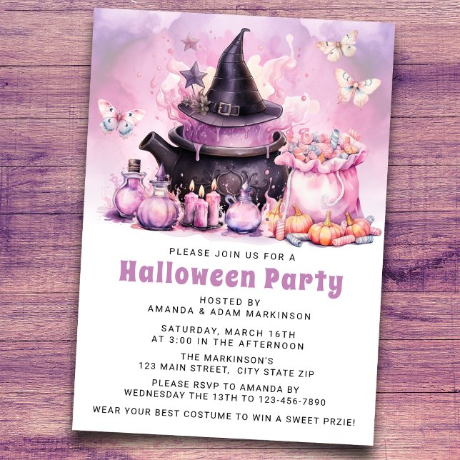 Invitación Fiesta de Halloween rosa y púrpura Pastel de Agua (Subido por el creador)