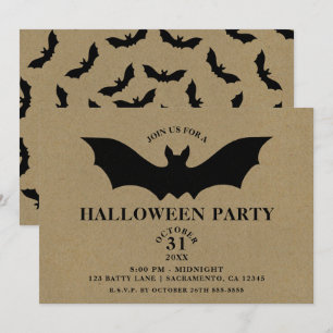 Invitación Fiesta de Halloween Rústica Murciélago Negro Kraft