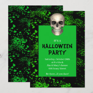 Invitación Fiesta de Halloween Salpicadura Verde Cráneo Gótic