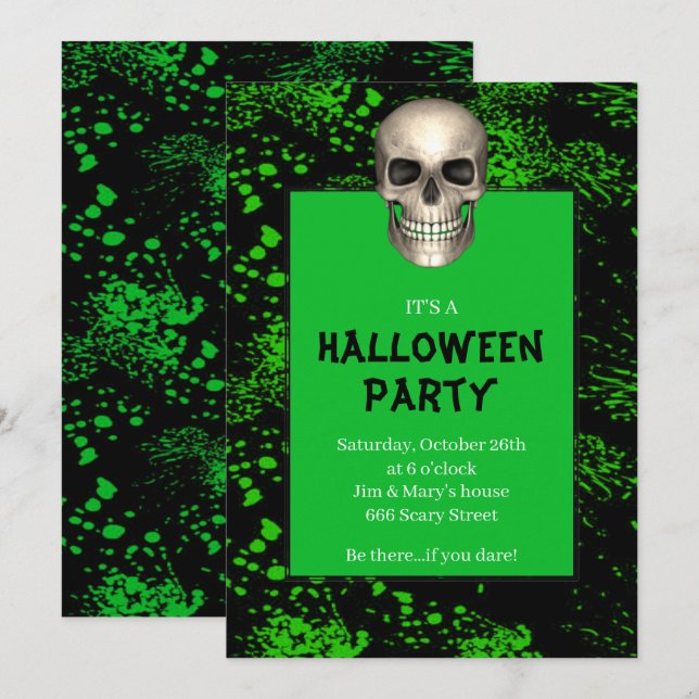 Invitación Fiesta de Halloween Salpicadura Verde Cráneo Gótic (Anverso / Reverso)