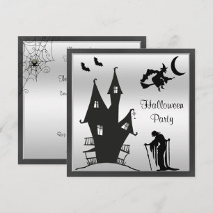 Invitación Fiesta de Halloween Silueta Negra y Plateada