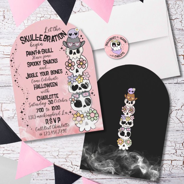 Invitación Fiesta de Halloween “Skull-ebration” (Envelope seal sticker sold separately see other listing in this collection)