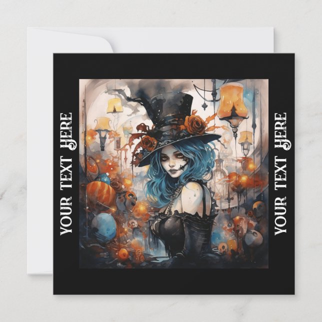 Invitación Fiesta de Halloween Steampunk Lady Blue Hair (Anverso)
