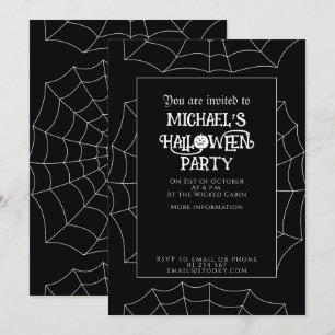 Invitación fiesta de Halloween telaraña negra y blanca