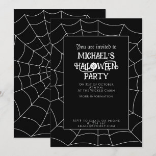 Invitación fiesta de Halloween telaraña negro y blanco