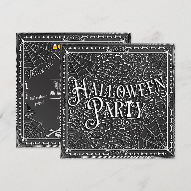 Invitación Fiesta de Halloween Telarañas y huesos Blanco y ne (Anverso / Reverso)