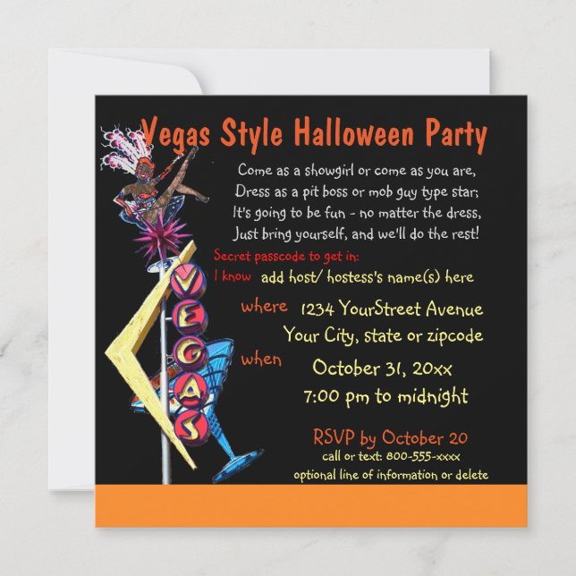 Invitación Fiesta de Halloween Tema de disfraces de Las Vegas (Anverso)