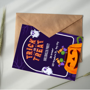 Invitación Fiesta de Halloween 'Truco o Trato' de Morado y Na