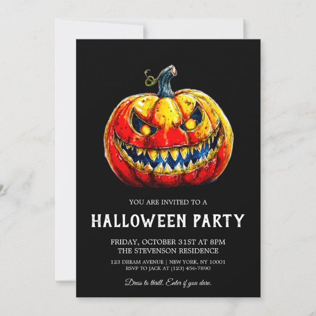 Invitación Fiesta de Halloween, una calabaza sonriente y fero (Anverso)