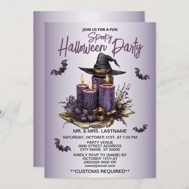 Invitación Fiesta de Halloween Velas Púrpuras da miedo (Anverso / Reverso)