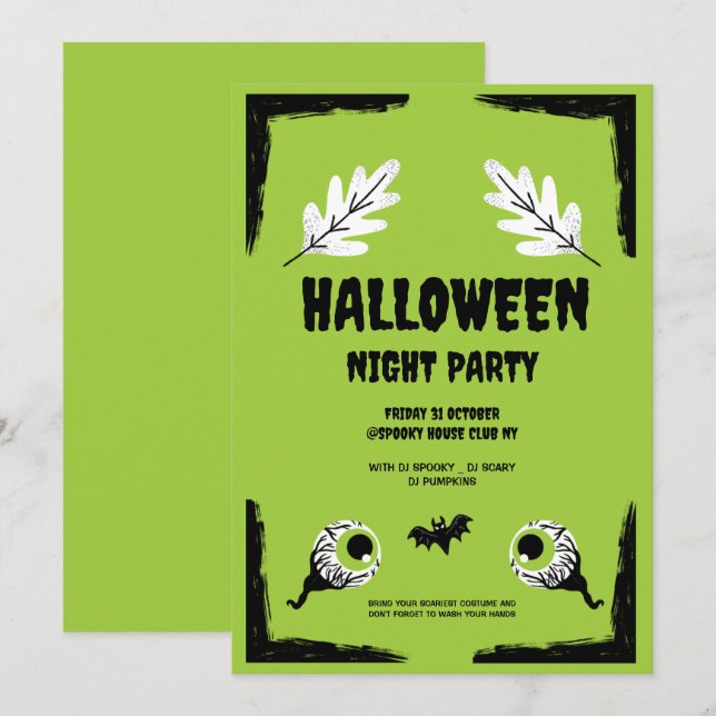 Invitación Fiesta de Halloween verde y negro, fiesta de Hallo (Anverso / Reverso)