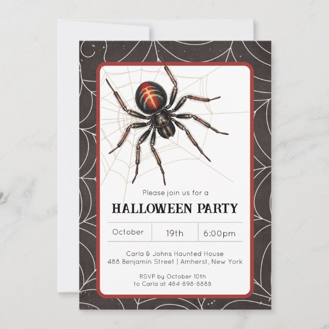 Invitación Fiesta de Halloween Viuda Negra Araña (Anverso)