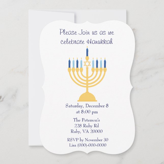 Invitación Fiesta de Hanukkah Azul y Blanco (Anverso)