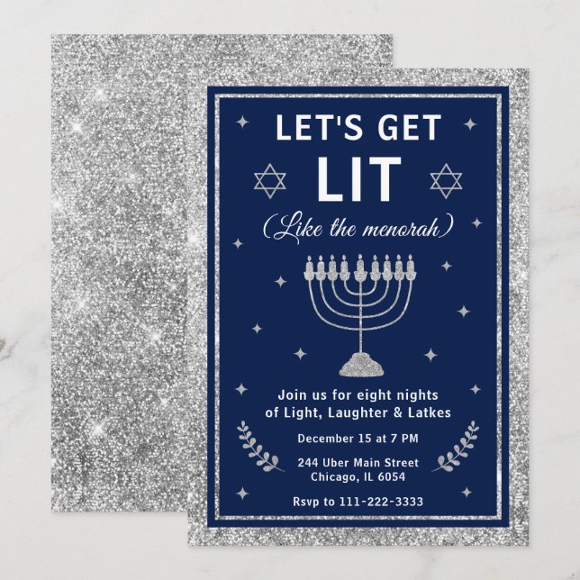 Invitación Fiesta de Hanukkah "Let's Get Lit" (Anverso / Reverso)