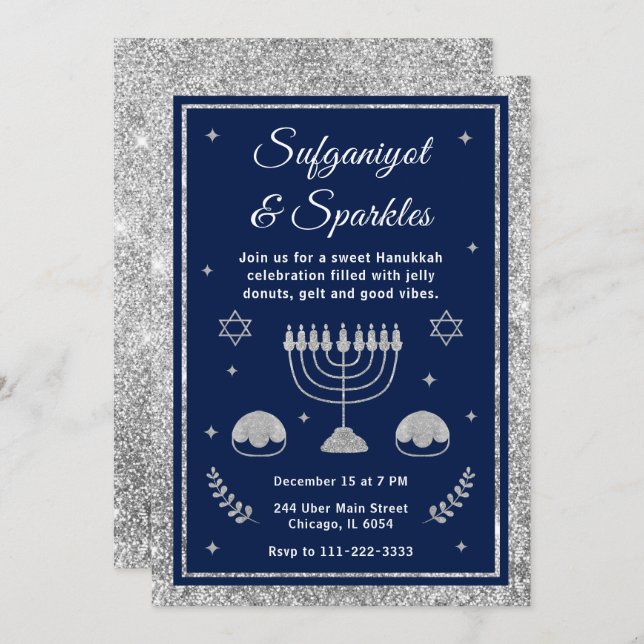 Invitación Fiesta de Hanukkah Sufganiyot y destellos (Anverso / Reverso)