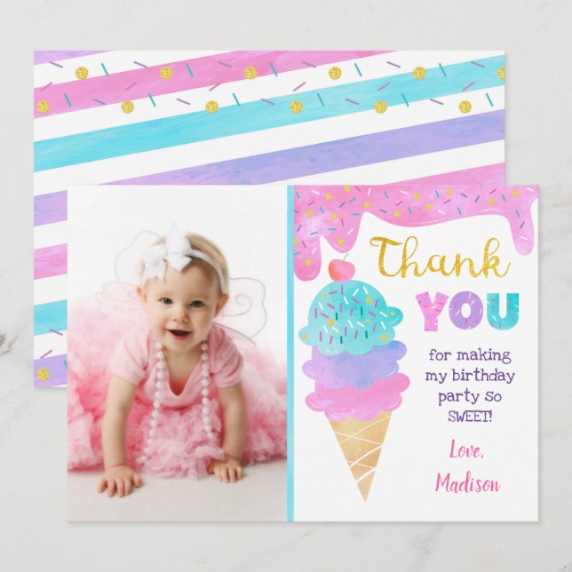 Invitación Fiesta De Helado Cumpleaños Gracias Cartas  (Anverso / Reverso)