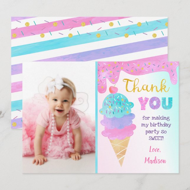 Invitación Fiesta De Helado Cumpleaños Gracias Cartas (Anverso / Reverso)