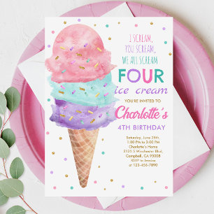 Invitación Fiesta de Helado Cumpleaños Rosa Menta Morado