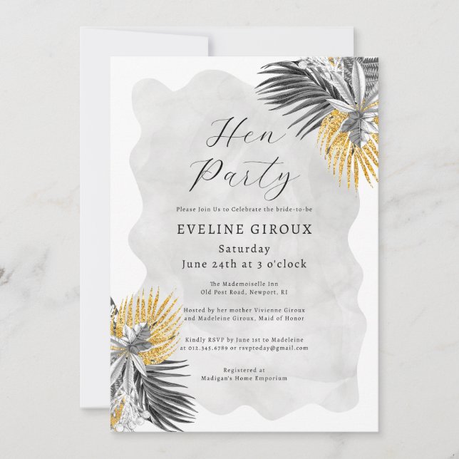 Invitación Fiesta de Hen de Oro Blanco Negro Palm Tropical (Anverso)