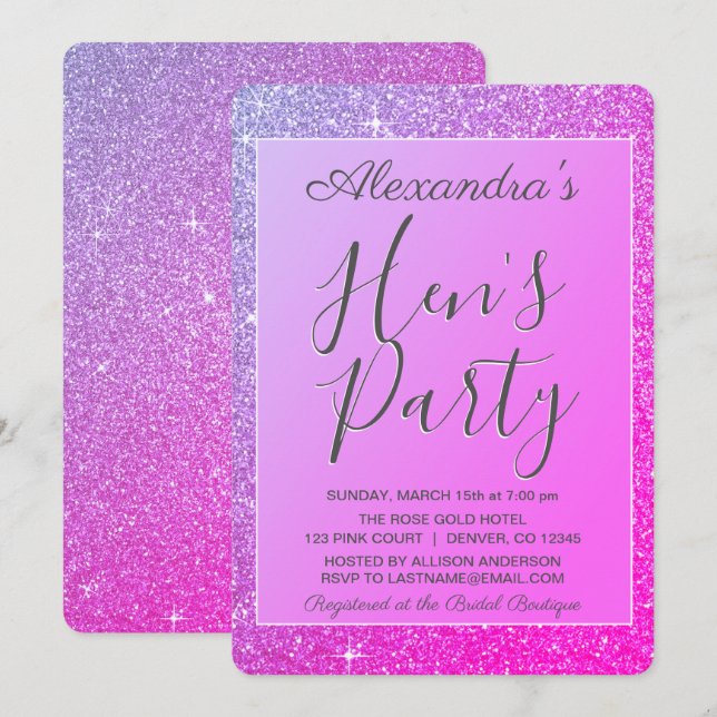 Invitación Fiesta de Hen, Purpurina de espuma rosada morada (Anverso / Reverso)