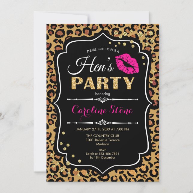 Invitación Fiesta de Hens - Leopard Print Black Pink Gold (Anverso)