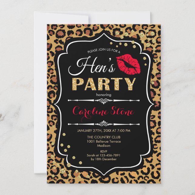 Invitación Fiesta de Hens - Leopard Print Black Red Gold (Anverso)