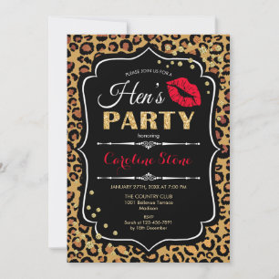 Invitación Fiesta de Hens - Leopardo imprime dorado rojo negr