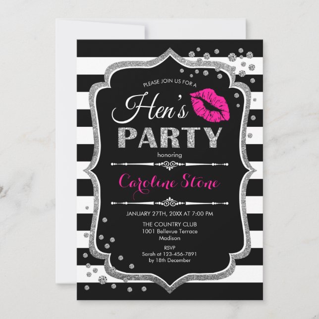Invitación Fiesta de Hens - Plata rosa negro (Anverso)
