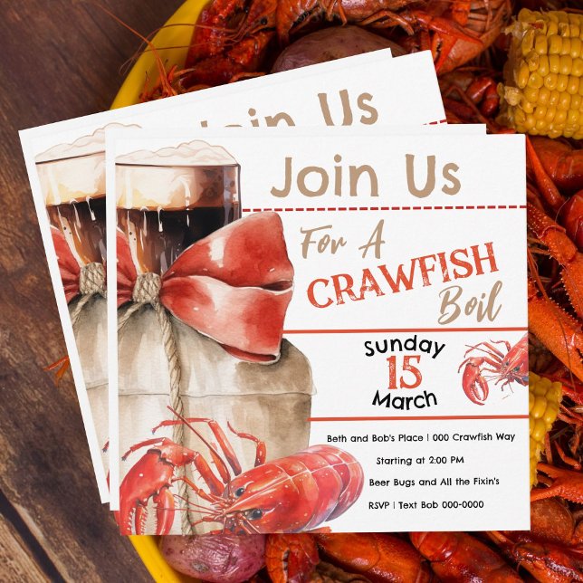 Invitación Fiesta de hierba de langosta (Crawfish and crayfish boil party invitations you can customize.  Cute red crawfish and beer, burlap.)
