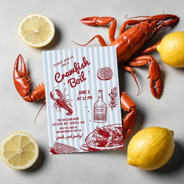 Invitación Fiesta de hierba de langosta de verano de verano d (Hand Drawn Summer Seafood Crawfish Boil Party Invitation)