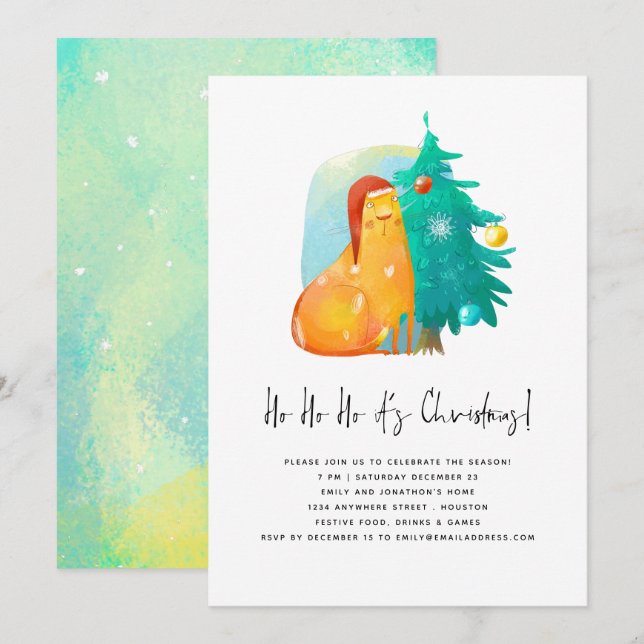 Invitación Fiesta de Ho Ho Ho Ho Cute Cat Tree (Anverso / Reverso)
