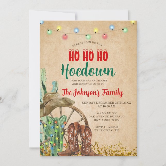 Invitación Fiesta de Hoedown Rústico Botas Vaqueras Navidad (Anverso)