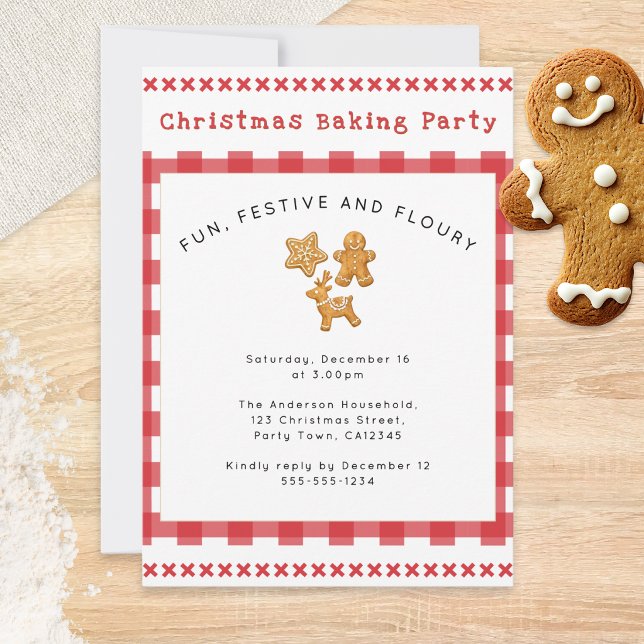 Invitación Fiesta de Horneado de Galletas de Navidad con Jeng (An invitation to a Christmas baking party, with gingerbread and rustic red-and-white gingham)