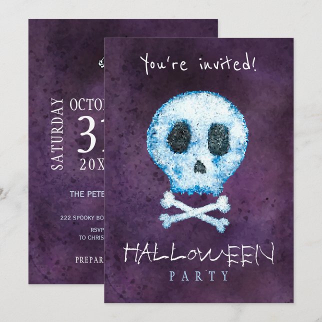 Invitación Fiesta de huesos y cráneo de la acuarela de Hallow (Anverso / Reverso)