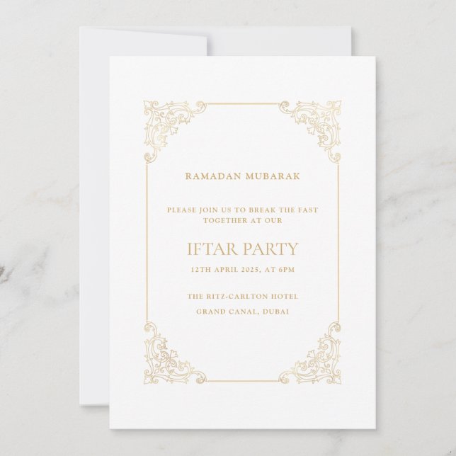 Invitación Fiesta de Iftar con Marco Barroco Opulento Dorado (Anverso)