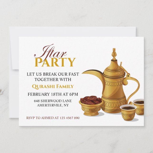 Invitación Fiesta de Iftar de Café y Dátiles Dallah Árabe Dor (Anverso)