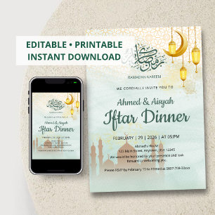 Invitación Fiesta de Iftar en la Mezquita de Azul Suave y Oro