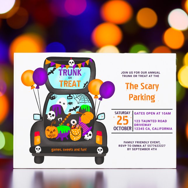 Invitación Fiesta de ilustracion de coches de halloween o tru (Halloween trunk or trick car illustration party invitation)