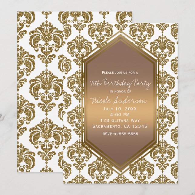 Invitación Fiesta de impresión Glam Damask de Purpurina de or (Anverso / Reverso)