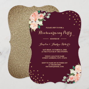 Invitación Fiesta de inauguración de Burgundy Gold Floral Con