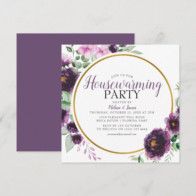 Invitación Fiesta de inauguración de casa floral morada elega (Anverso / Reverso)