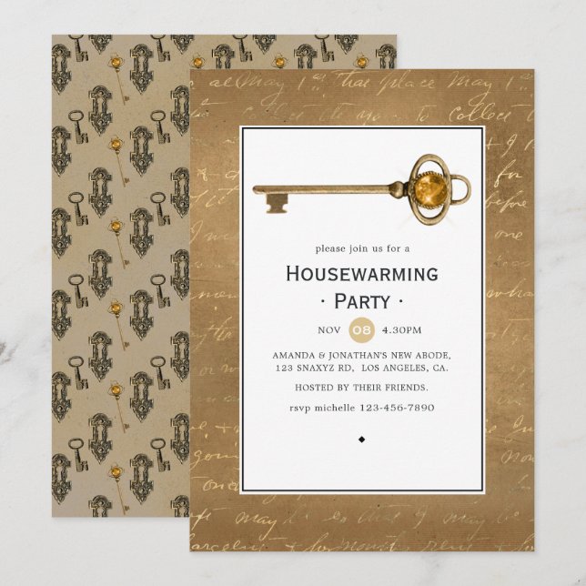 Invitación Fiesta de inauguración de casa steampunk dorada (Anverso / Reverso)