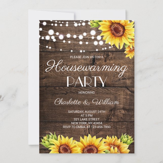 Invitación Fiesta de inauguración de girasoles de madera rúst (Anverso)