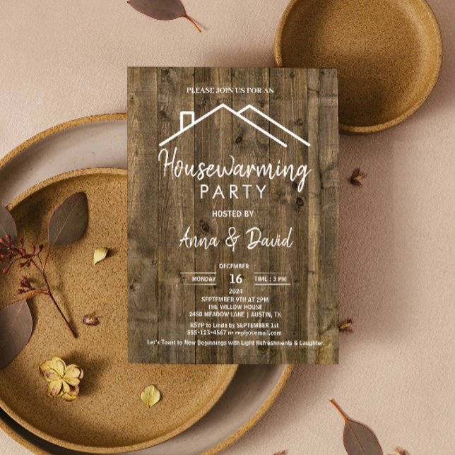 Invitación Fiesta de inauguración de la casa moderna con text (Rustic Vintage Woodgrain Modern Housewarming Party Invitation open houses or holiday gatherings )