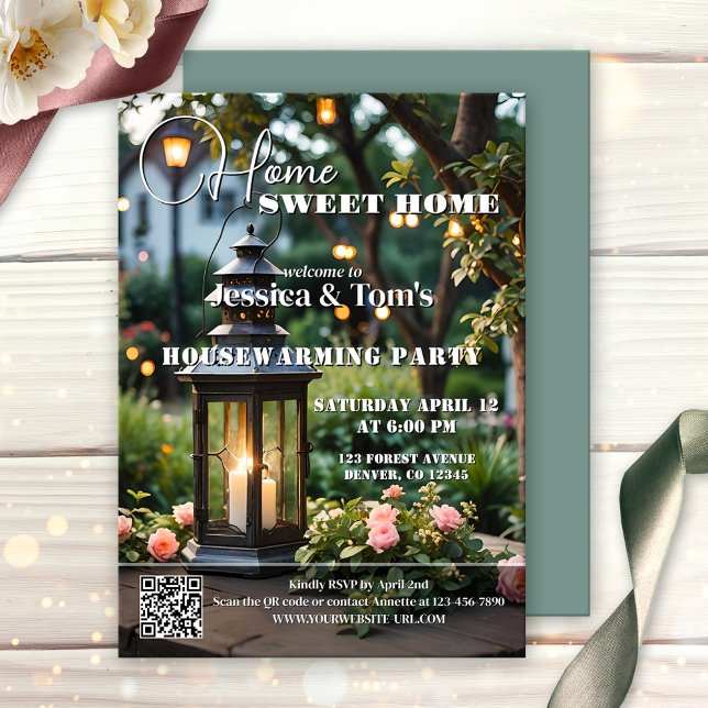 Invitación Fiesta de inauguración de la portada de la revista (Housewarming party invitation in magazine cover style with your custom photo and a QR code template)