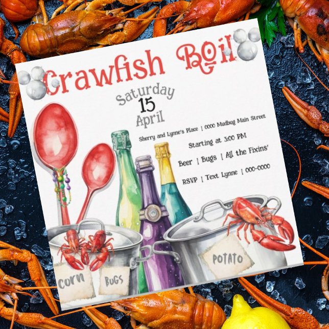 Invitación Fiesta de insectos y hierba de cigalas (Crawfish Boil party invitations with crawfish, pots and cute spoons.  Customizable. )
